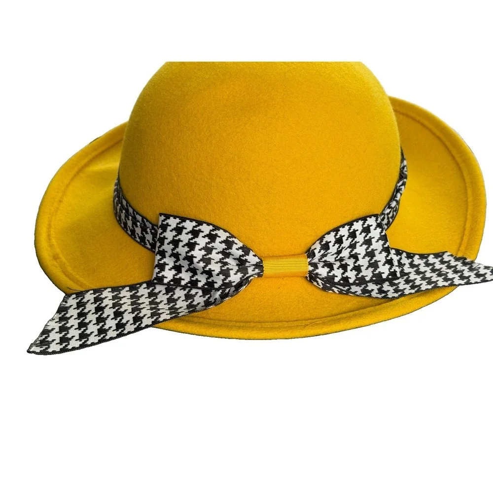 Vintage Doeskin Felt 100% Wool Hat Yellow W/houndstooth Ribbon New York